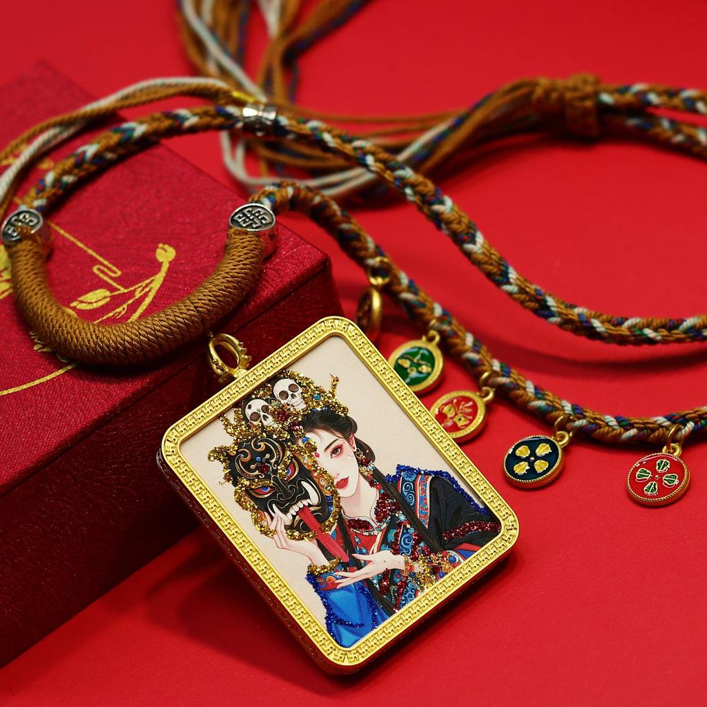 Classic Gold Tone Thangka Necklace: Multicolored Tibetan Zhakilamu, Female Wealth, Dazzling Colors, Semi-Handmade.