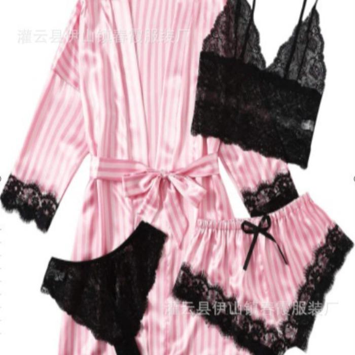 Elastyczny satynowy nowy seksowny komplet bielizny czteroczęściowy, komplet spódniczki z pasem do pończoch, odzież domowa wielokolorowy