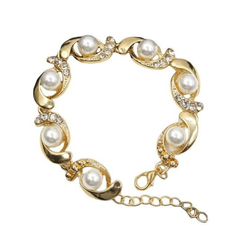 Women Faux Pearl Rhinestone Inlaid Charm Bracelet Bangle Adjustable Jewelry Gift