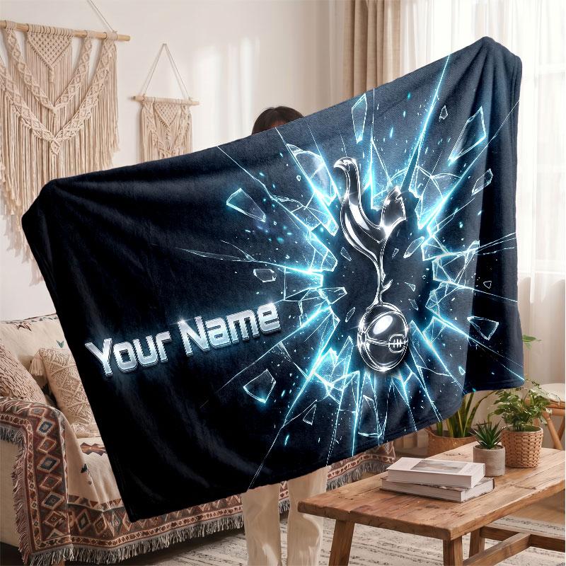 Tottenham Hotspur FC Personalized Fleece Blanket With Football Logo, Custom Name Text Soft Warm Home Throw Blanket