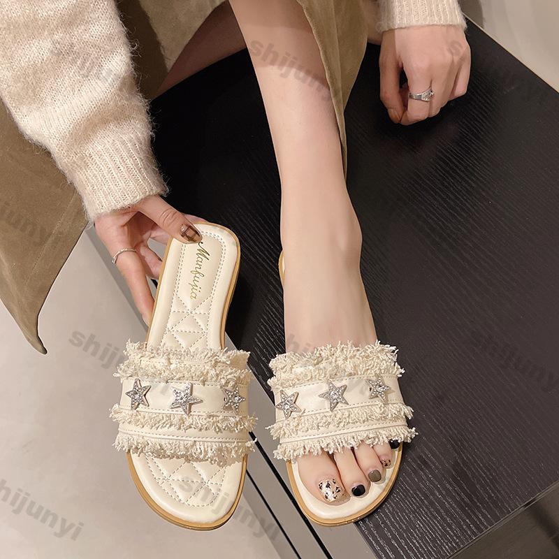 Fashion Women Summer Shoes 2025 Summer New Non Slip Comfortable Slippers Outdoor Fashion Rhinestone Flat Sandals Soft Bottom Beach Shoes