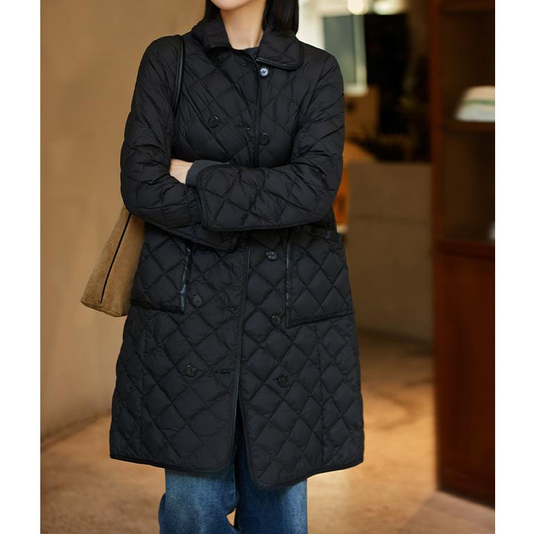 Double-breasted rhombus white goose down jacket women's high-end women's clothing short medium and long Pinghu winter goose down clothing