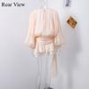 Elegant Lace Up Women's Dress Lantern Sleeve V Neck Loose Mini Female Dresses Solid Color Shining Lady Dress