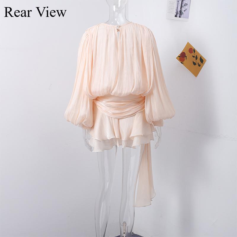 Elegant Lace Up Women's Dress Lantern Sleeve V Neck Loose Mini Female Dresses Solid Color Shining Lady Dress