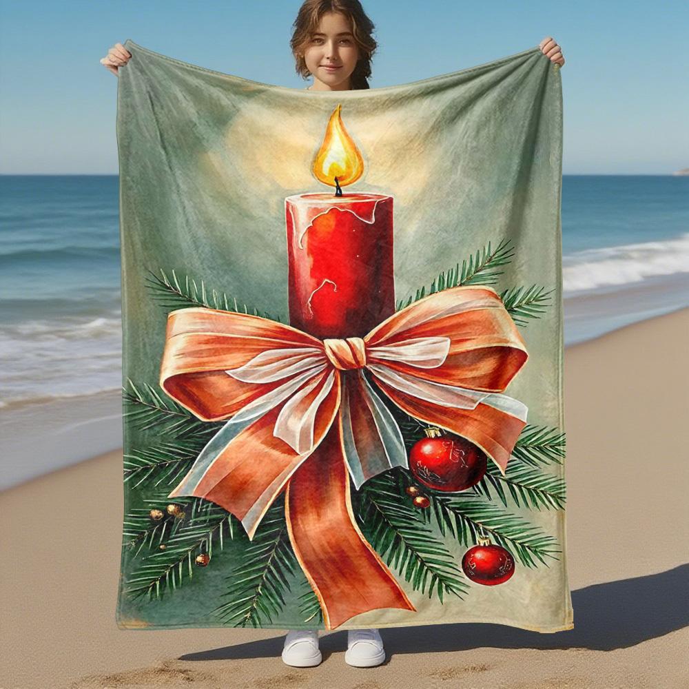 1PC Christmas, candleOutdoor Flannel Blanket - Soft Plush Decor for Picnics, Camping, Bedroom, Playroom, Office, or Lunch Break 1239A