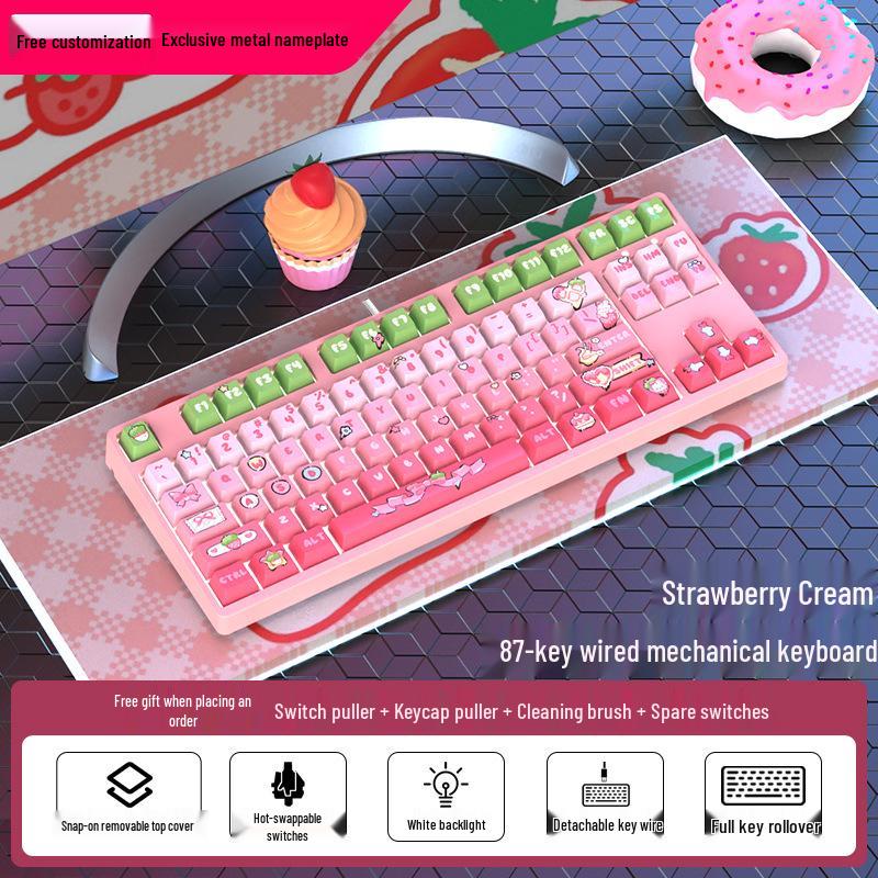 87-Key Cute Mechanical Keyboard, Wired Blue Switch, Personalized PBT for Gaming, Esports, Office, Creative Girls