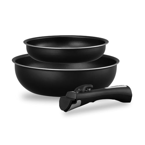 

Iris Ohyama 3-Piece Detachable Handle Pot and Frying Pan Set, Induction & Gas Compatible, Diamond-Coated Pan, Lightweight, Long-Lasting Nonstick, Oven
