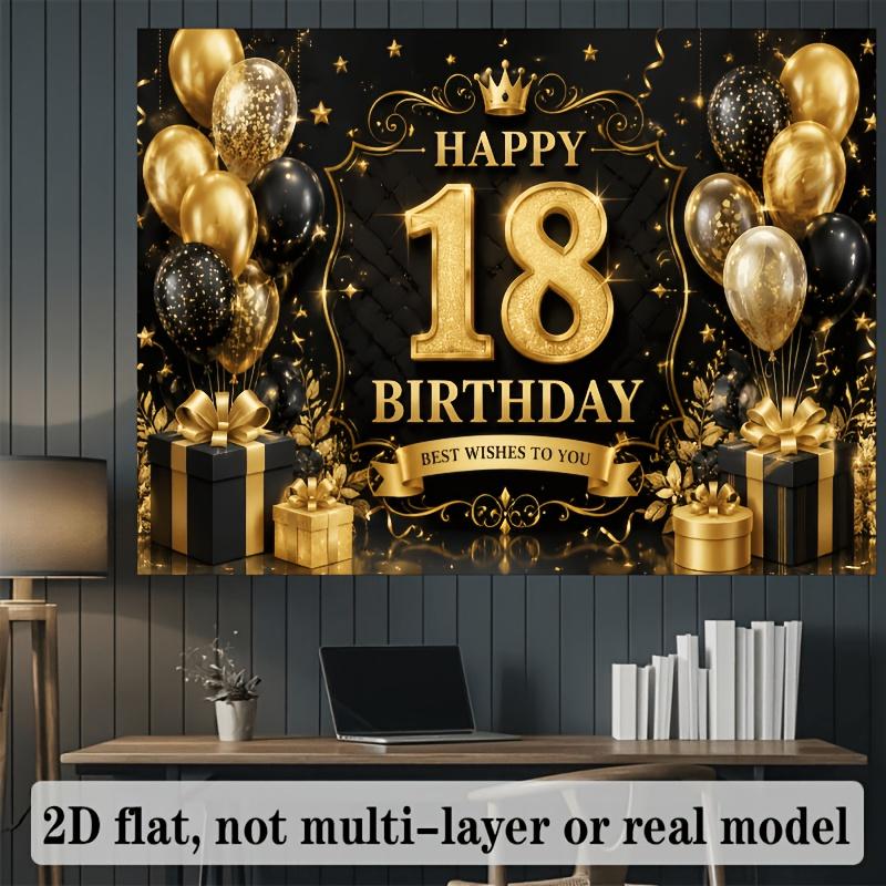 2D flacher schwarz-goldenes Themen-Hintergrundstoff für den 18. Geburtstag mit goldenen Ballons und Geschenkboxenzyc