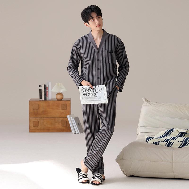 Pijama Masculina de Algodão de Manga Comprida com Listra V e Cardigan - Roupa Casual para Primavera/Outono