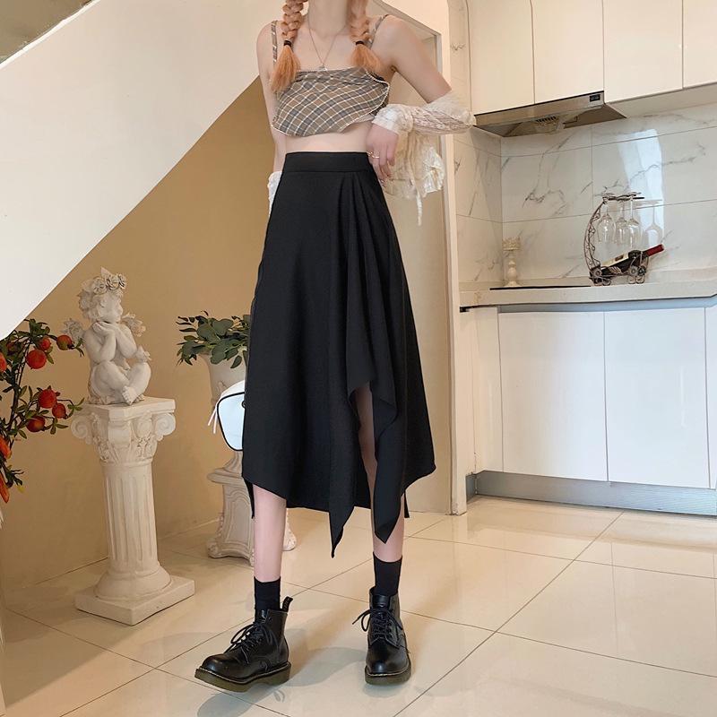 High Waist Irregular A-Line Midi Skirt - Summer Draping Slit for Petite Women