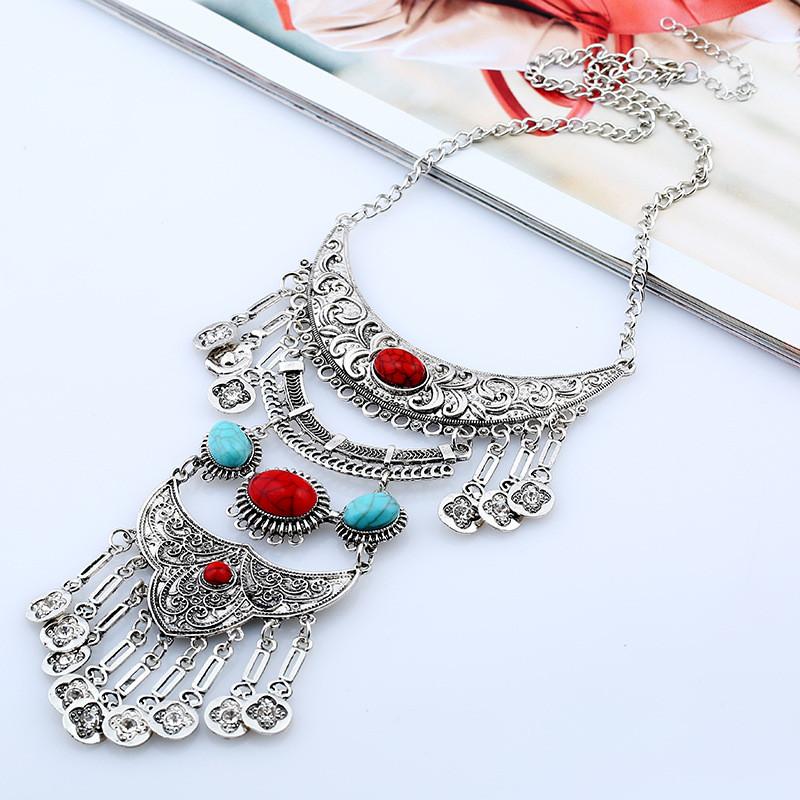 Vintage Long Women Tassel Necklace With Gemstone Leaf Art Jewelry Accessory