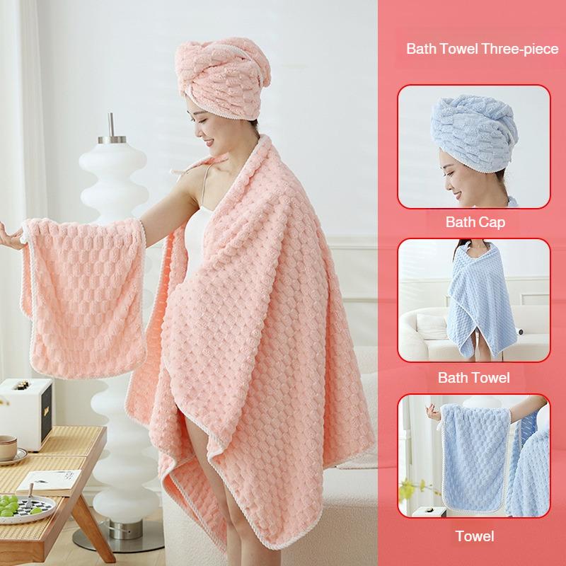 Quick-drying bath towel set, thick coral fleece bath towel, absorbent and lint-free, large bath towel, shower cap, quick-drying