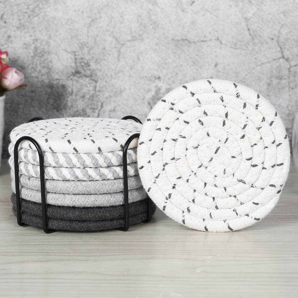 8 Stück Baumwollgewebtes Untersetzer-Set mit Halter für Getränke Bier Kaffee Handgewebte Saugfähige Unterlage Tischplattenschutz für Heimdekor