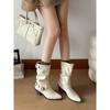 Pointed Thick Heel White Short Boots Women's British Style Belt Buckle Martin Boots Temperament Medium Tube Pile Boots