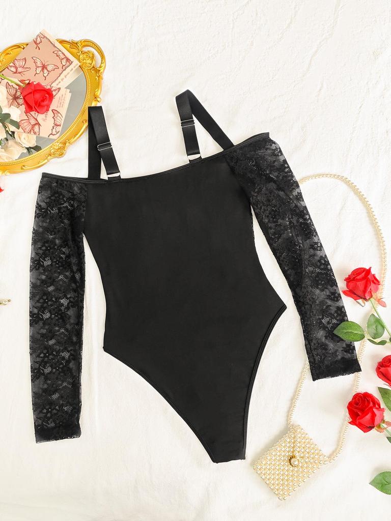 European & American Sexy Lace Patchwork Strappy Black Bodysuit