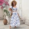 Spring and Summer Women's Casual Printed Large V-neck Top and Long Printed Skirt Set