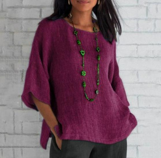 Women s Cotton Linen Three-Quarter Sleeve Shirt - Round Neck Top 3XL