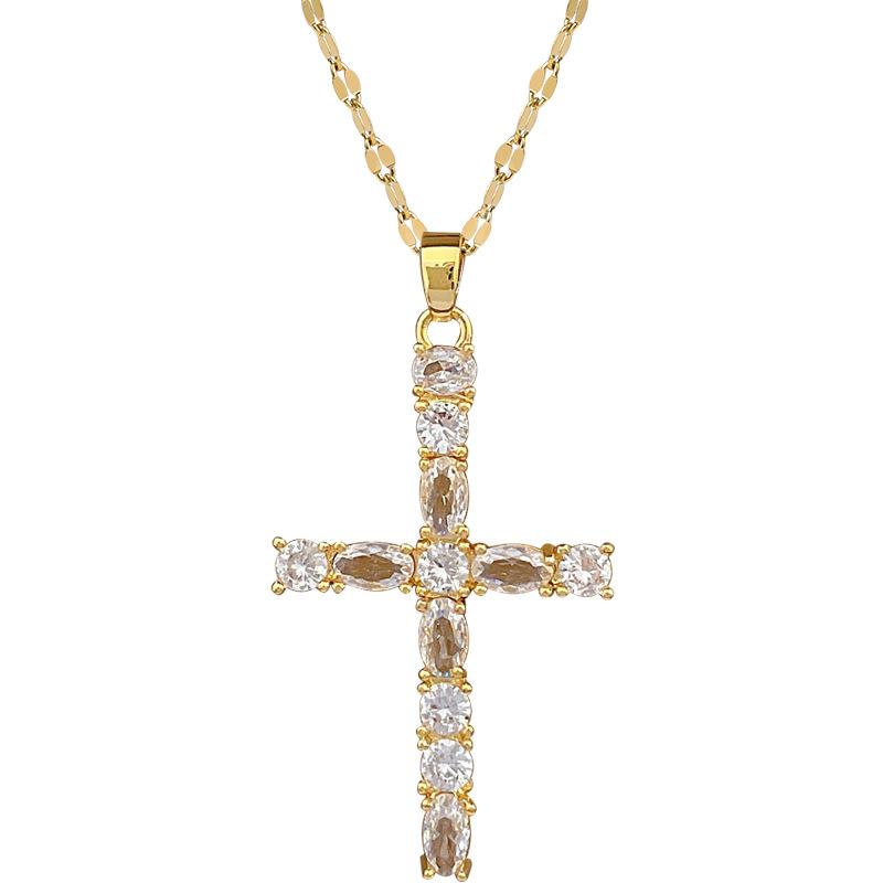 Heavy Industry Cross Light Luxury Temperament Gorgeous Full Diamond Necklace Women'S Versatile Clavicle Chain Titanium Steel Chain