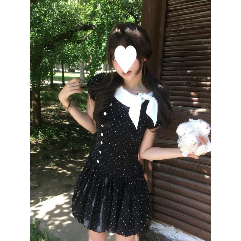 Thousand Gold Wind Bow Polka Dot Dress Women's Summer Retro Small Man Waist and Thin Temperament Fluffy Short Skirt