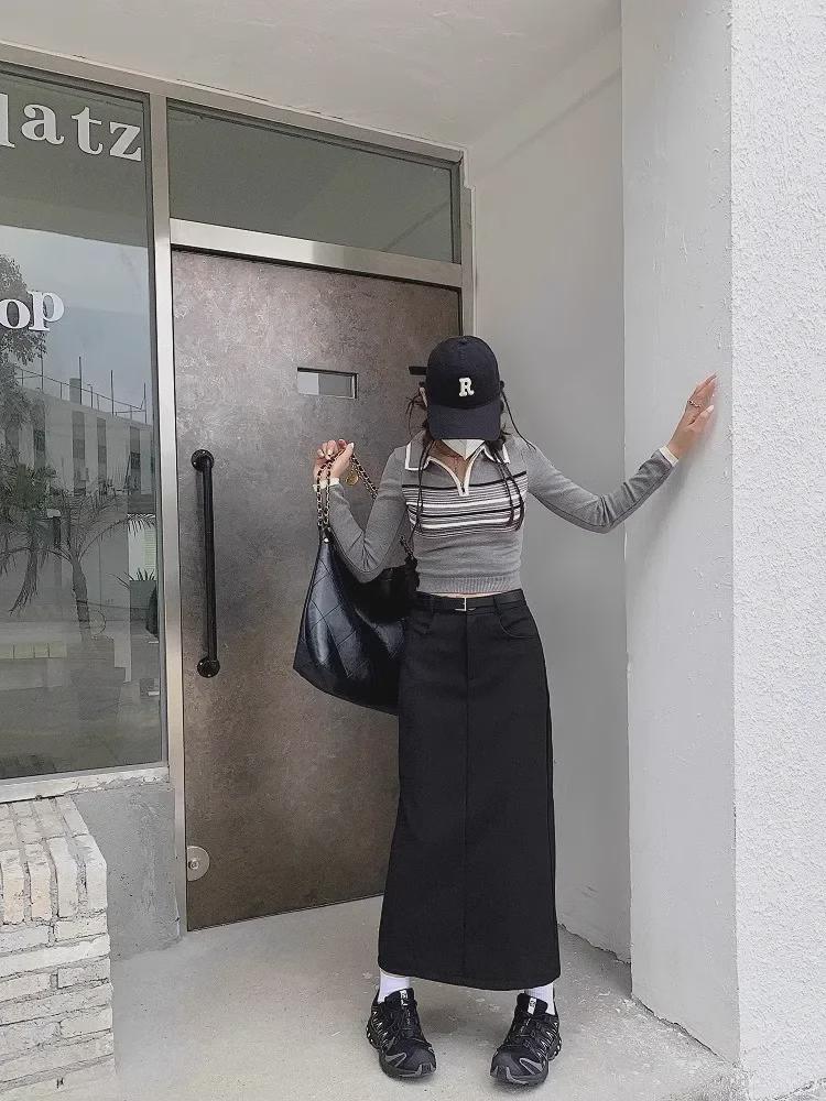 Women's Retro Gray High-Waist Slim Straight Skirt - Versatile Spring/Summer Mid-Length