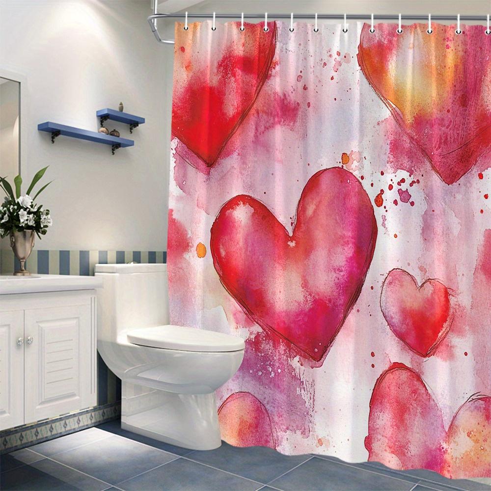 Watercolor Heart Shower Curtain, Romantic Whimsical Design, 3D-Effect Hearts, Polyester, Machine Washable, 12 Hooks