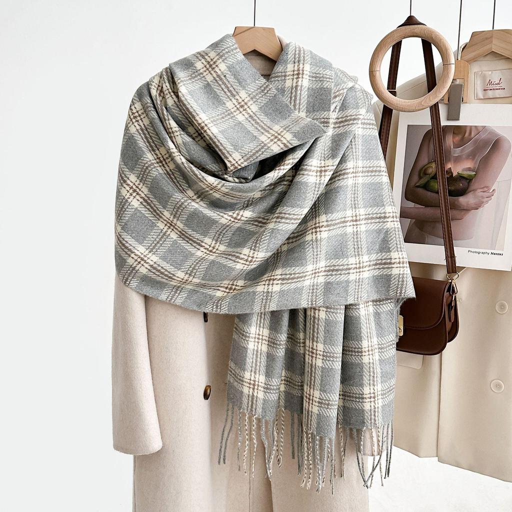 Women's Winter Plaid Imitation Cashmere Tassel Scarf, Thickened Korean Style Neck Warmer