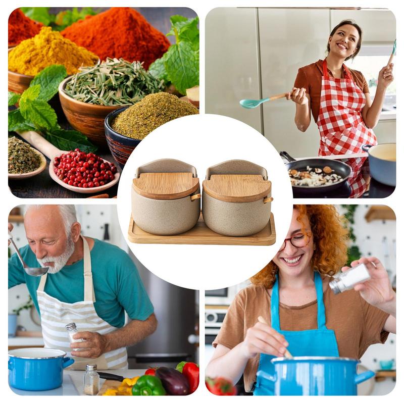 Solniță cu capac ceramică 2X recipient pentru depozitarea sarei cu lingură de lemn și capac cutie de condimente borcan de depozitare a condimentelor de bucătărie