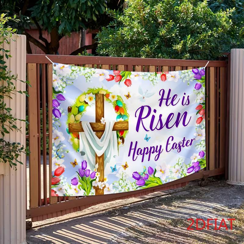 2D Happy Easter Cross Backdrop, 2D Floral and Dove Decor