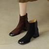 Krazing Pot Cow Suede Winter Vintage Shoes Square Toe Basic Style Thick High Heels Zipper Fashion Boots Women Ankle Boots