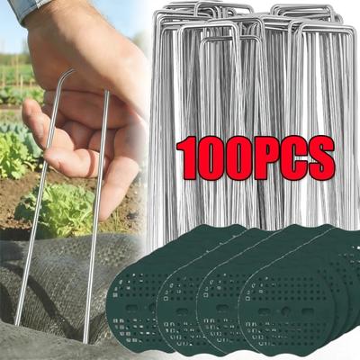 100PCS Galvanized U-Type Garden Staples With Pads Metal Landscape Ground Spikes Heavy Duty Fence Stakes Lawn Barrier Fixing Ground Nails