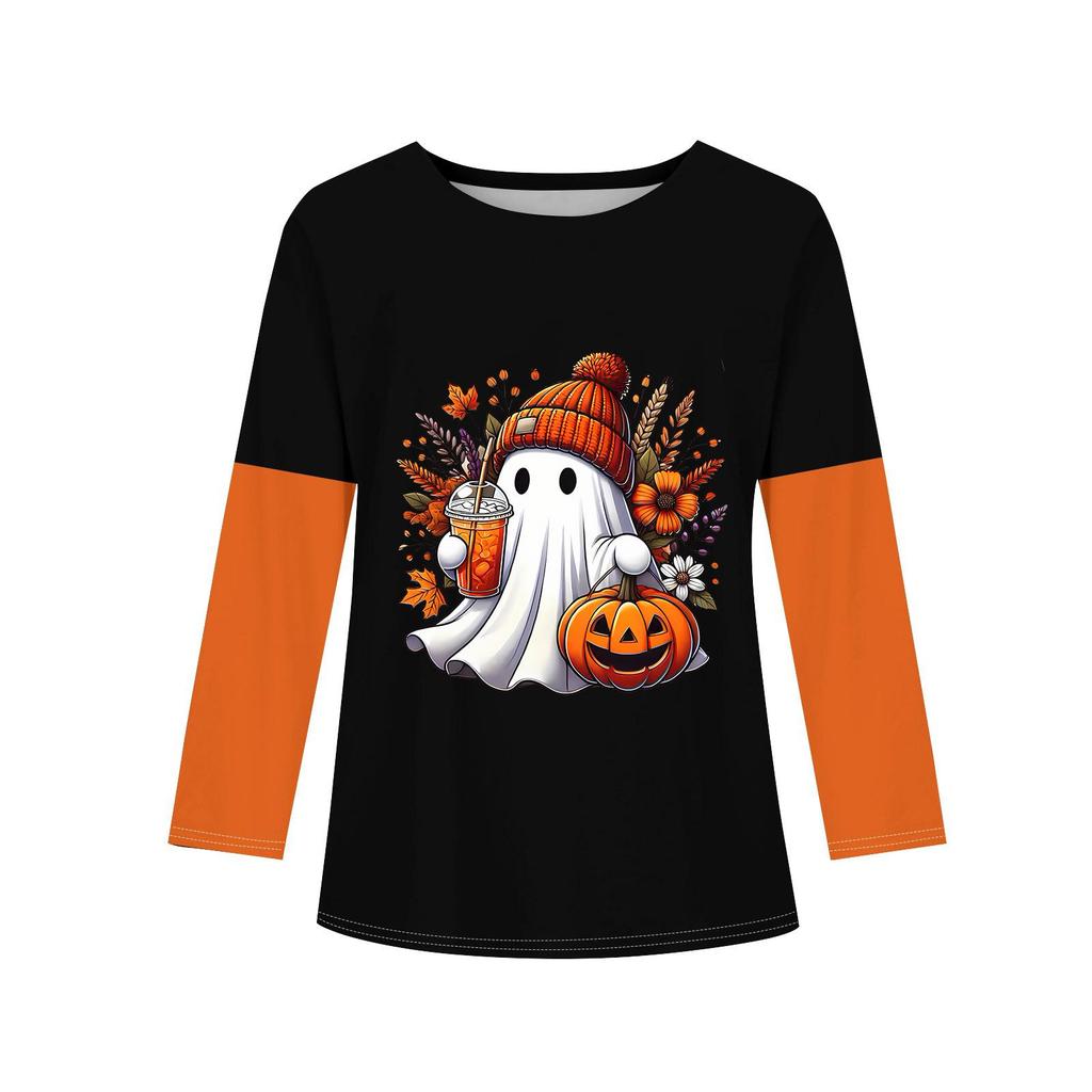 Dziecięca koszulka z długim rękawem na Halloween z nadrukiem, casualowy top z okrągłym dekoltem dla chłopców i dziewczynek