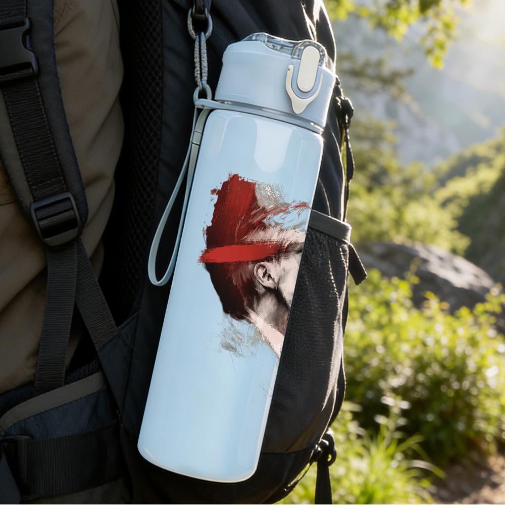 1PC Retro Male Red Cap Grayscale Portrait Print 750ml Portable Sports Water Bottle Leakproof Gym Outdoor Travel Drink Cup