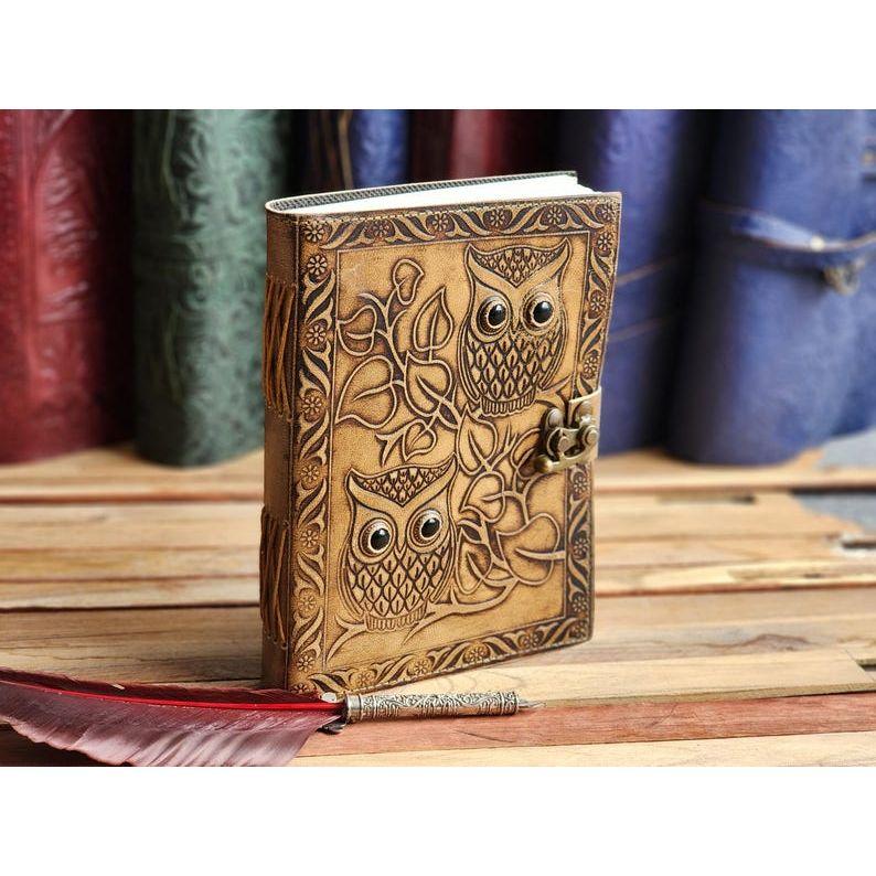 Handmade Owl Embossed Leather Notebook for Writing and Sketching, , Book Of Shadows and Personal Grimoire
