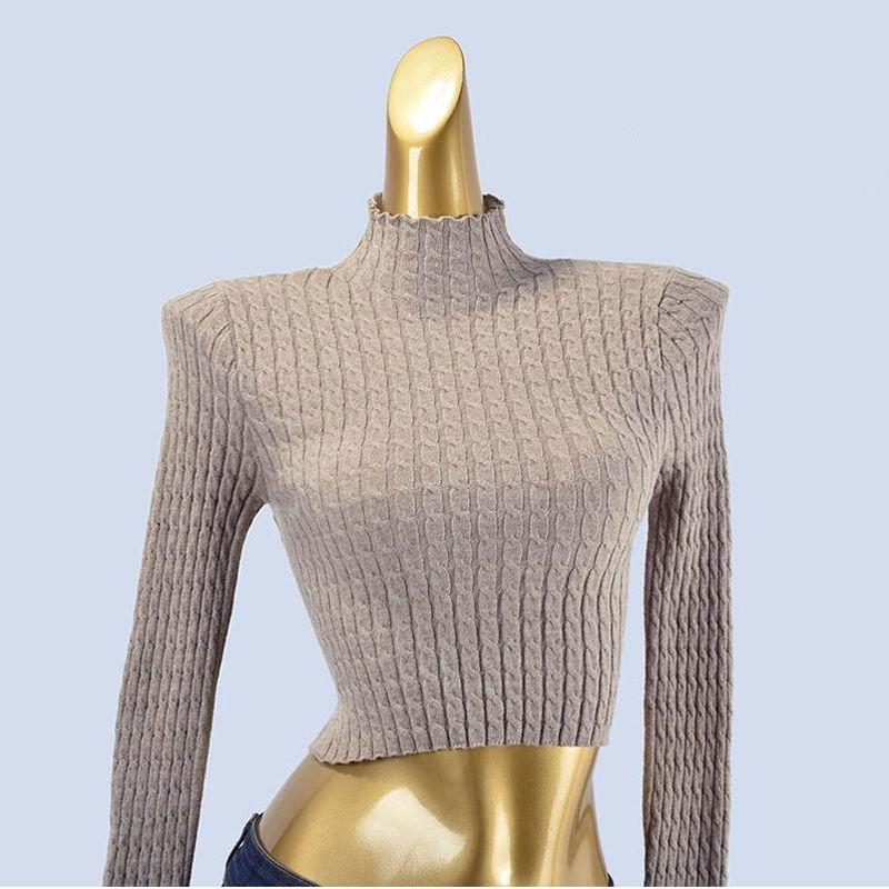 High-Grade Knit Women Half-high Collar Base Inner wear Spring and Autumn Twist Sweater Slim fit Sunken Stripe High Waist Short