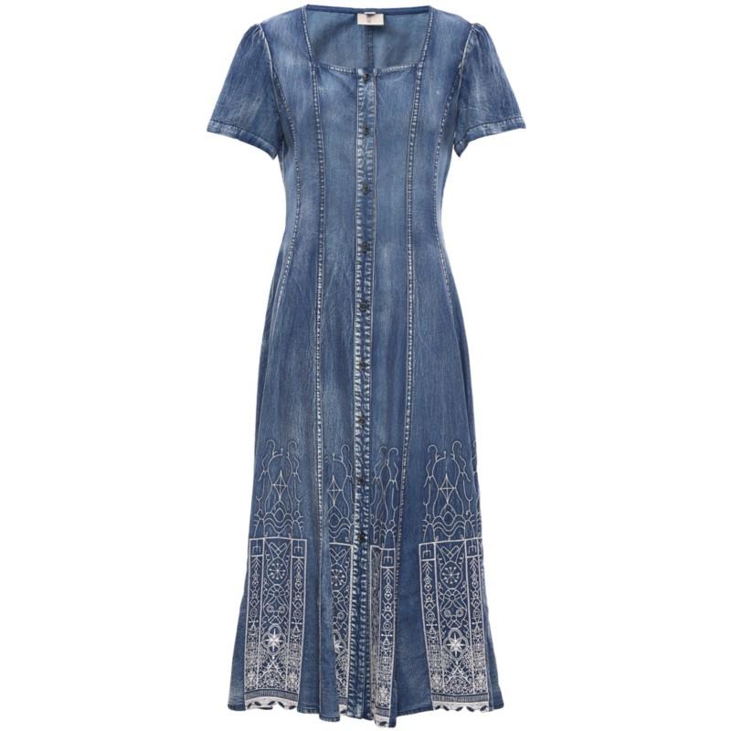 Johnature Frau Frühling Nische Vintage Cowboy Chinesischen Stil Kleid Stickerei Einreiher Mode Kurzarm Kleid