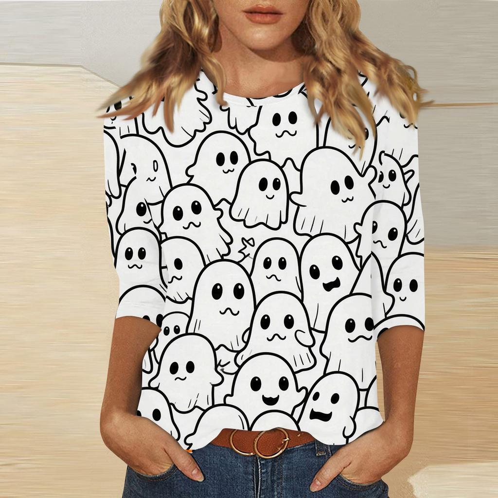 Women's Fashion Casual Three-quarter Sleeve Halloween Printed Round Neck Top