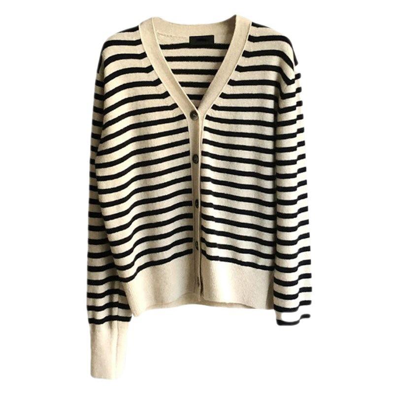 Spring Autumn V-neck Striped Cardigan Women's Age-reducing Loose Thin Knitted Outerwear Comfortable Versatile Fashion Top
