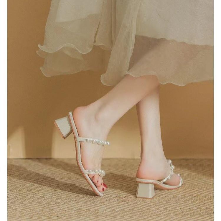 Fairy wind mid-heeled slippers female summer outer wear temperament pearl word strap sandals thick heel high heels sandals