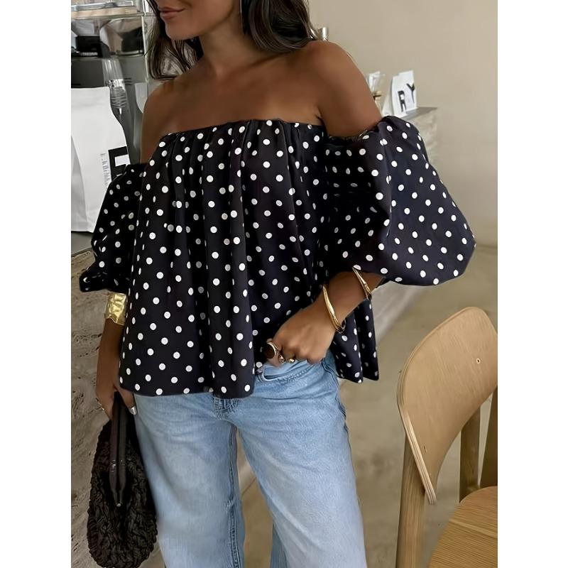 Camisa Casual de Verano para Mujer, de un Hombro, Manga Corta Abullonada, Lunares
