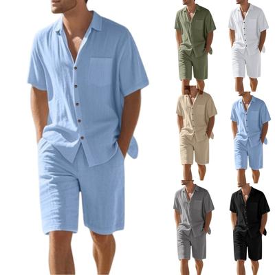 Men's Linen Set, Color Lightweight Button Down Shirt With Pocket And Elastic Waist Breathable Shorts Two-piece Set, Men's Vacation Beach Set