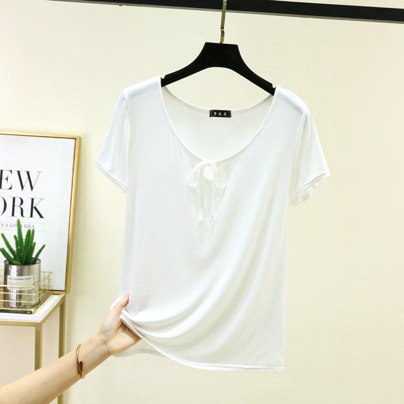 Korean Style Drawstring Modal Short Sleeve Tshirt Cute Slim Fit O Neck T-Shirt Lightweight & Soft Casual Tee Tops for Women Trendy Summer Basic Shirt