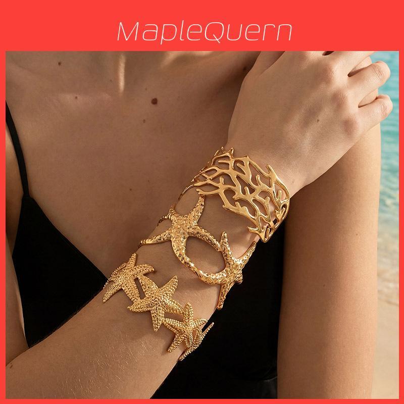 Style Metal Flower Open Bracelet With Starfish Charm For Women Summer