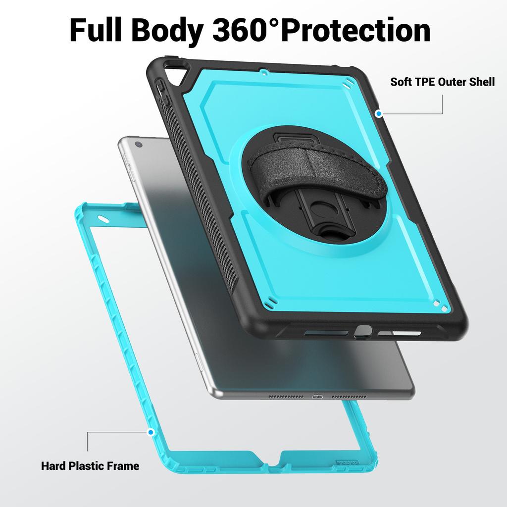 Tablet Case For iPad 10.2 (2021)/(2020)/(2019)/Air 10.5 inch (2019)/Pro 10.5-inch (2017) Kickstand PC TPE Cover with Hand Strap