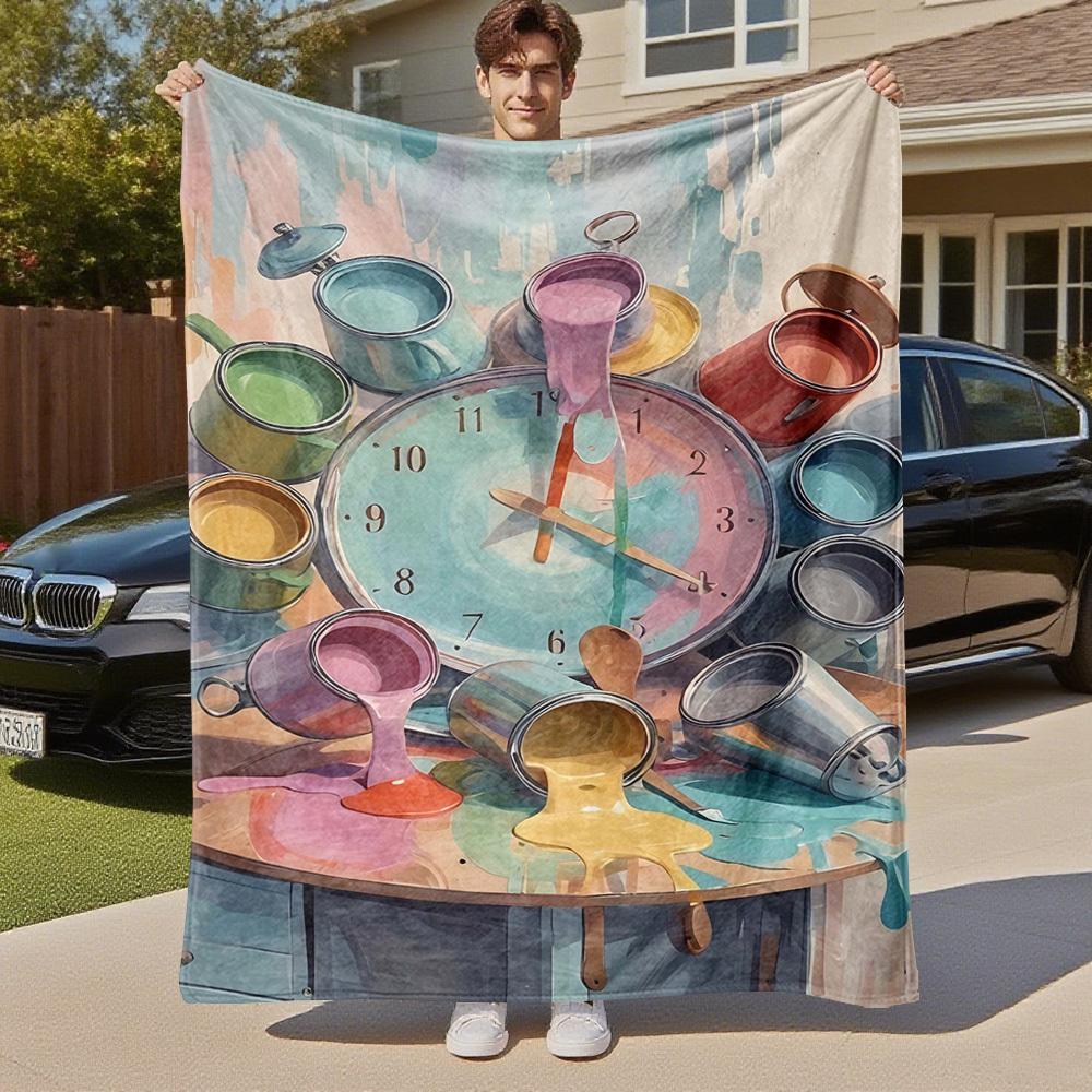 1pc clock paint Outdoor Flannel Blanket Soft Warm All-Season Throw for Sofa Bed Car Camping Office, Cozy Gift Idea1229S