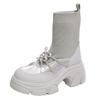 2025 autumn new thick-soled elastic boots women's British style splicing bow muffin bottom thin boots Martin boots