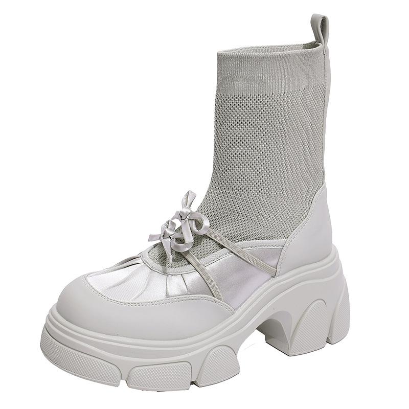 2025 autumn new thick-soled elastic boots women's British style splicing bow muffin bottom thin boots Martin boots