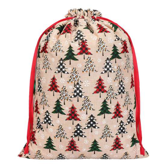 Gift Wrapping Supplies Christmas Tree Print Drawstring Bags, Faux Linen Xmas Treat Bag, Reusable Holiday Bags Candy & Apple Storage Pouch for