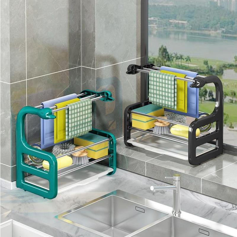 Kitchen Drain Rag Rack Wall-mounted Punch-free Countertop Rack To Dry Sponge Dish Cloth Rack Storage
