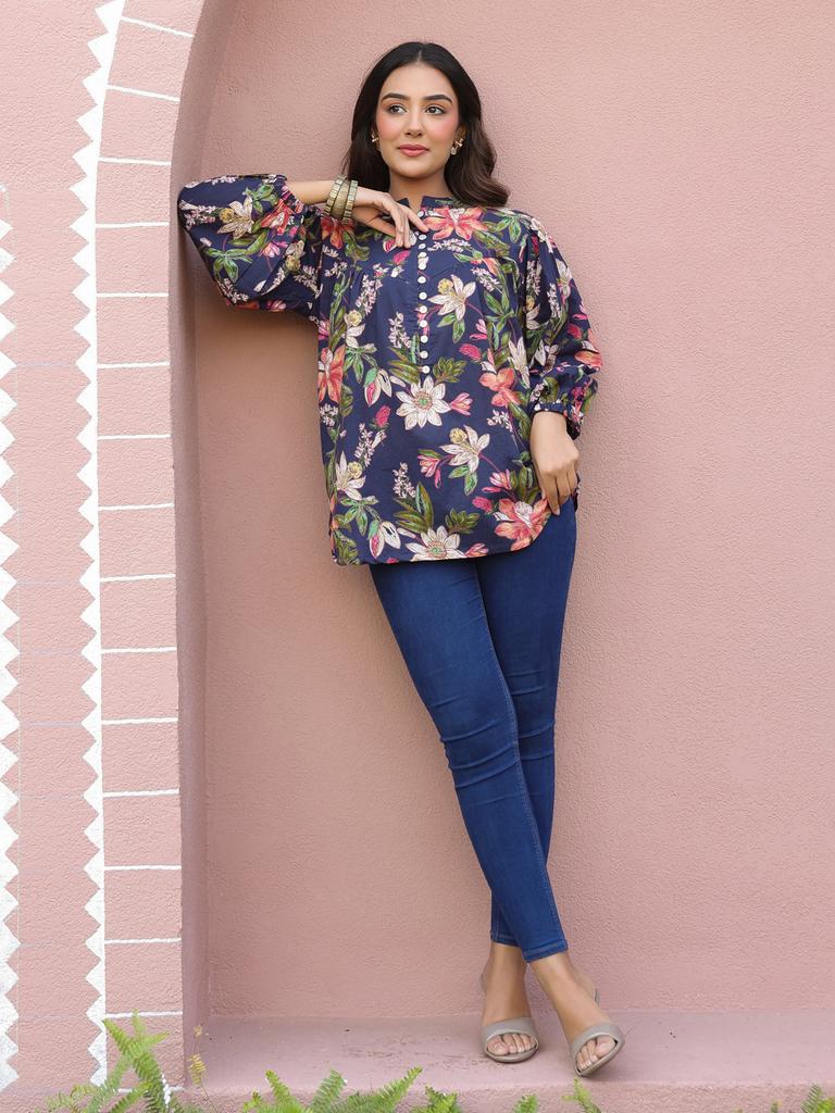 Blue Floral Print Mandarin Collar Cotton Top