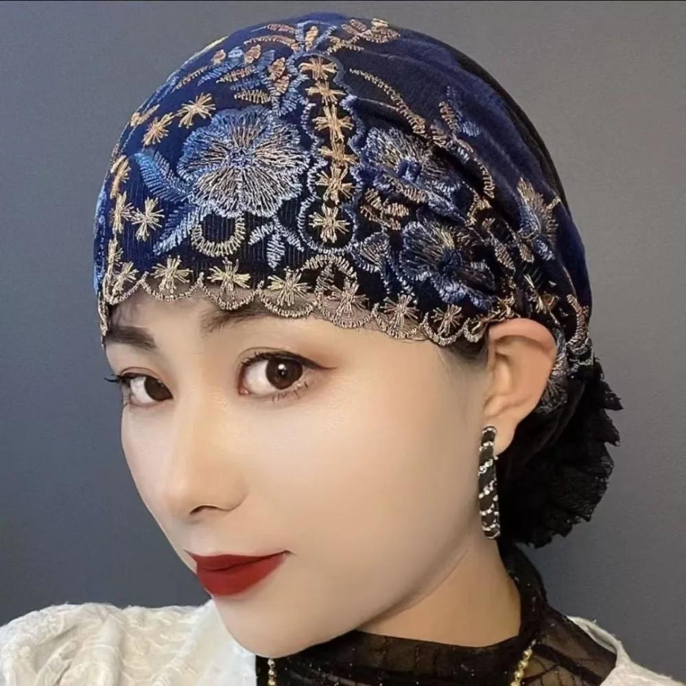 New Flower Embroidery Bonnet Hat Elastic Full Cover Headwear Cover White Hair Breathable Turban Hat Gift